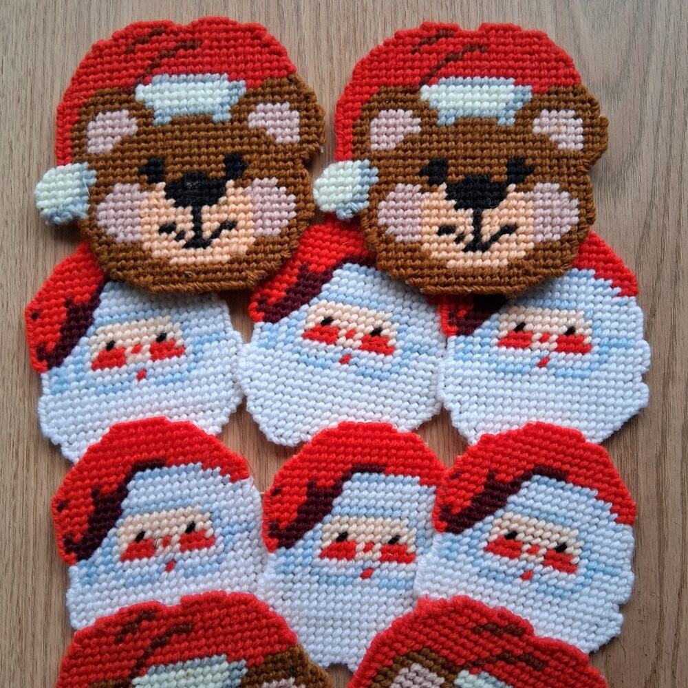 Vintage Christmas Santa & Bear Cross Stitch Coasters - Picture 3 of 4